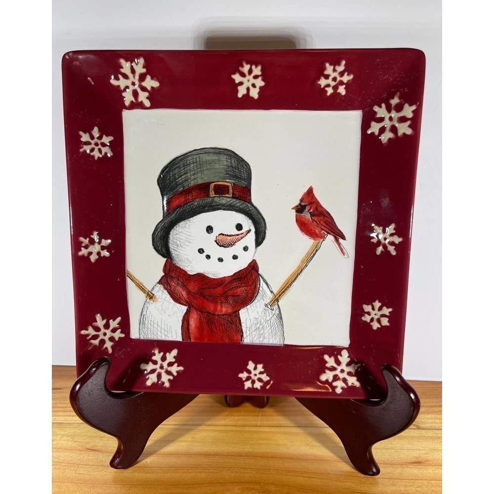 Vintage St Nicholas Square Yuletide SNOWMAN Cardinal Plate Candy Dish Decor 8.5”